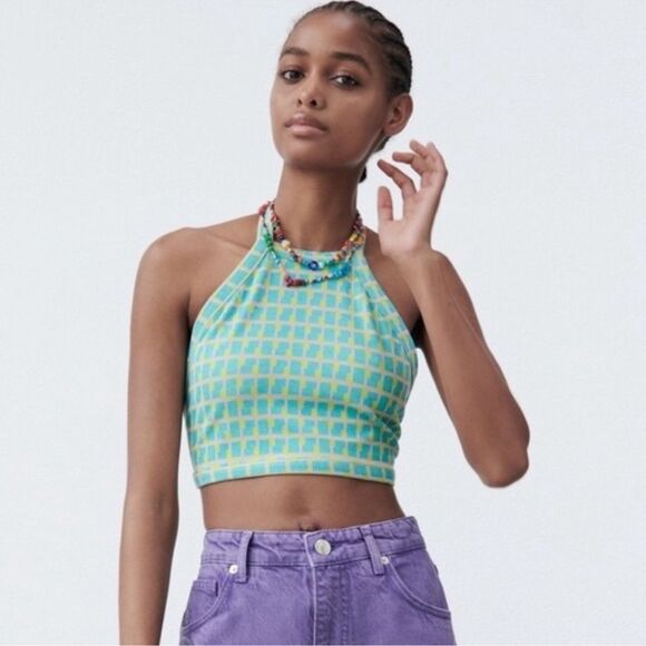 Zara Tops - Zara Vibrant Blue and Green Checkered Halter Tank Top